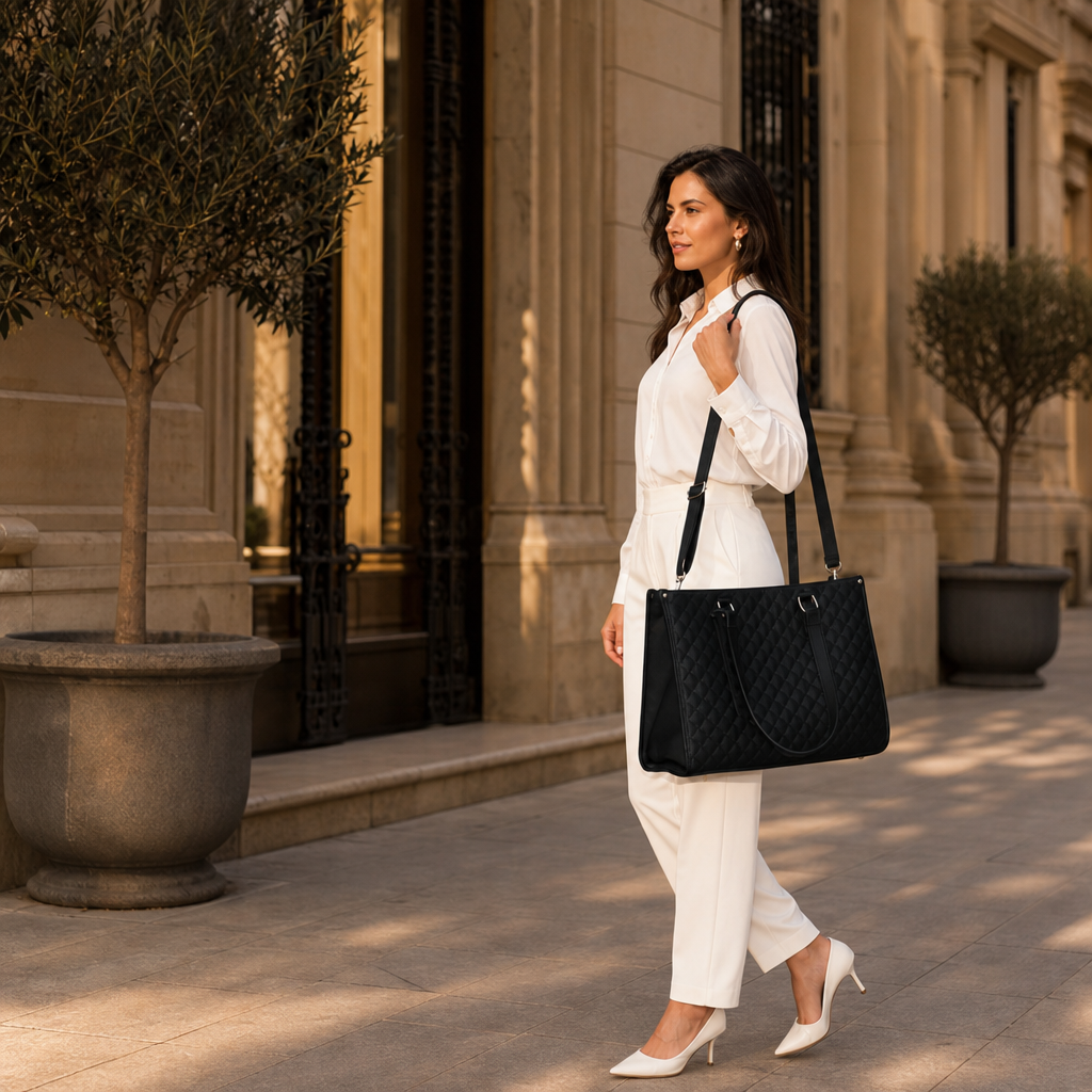 Mujer con bolso termo Babarino paseando por la ciudad